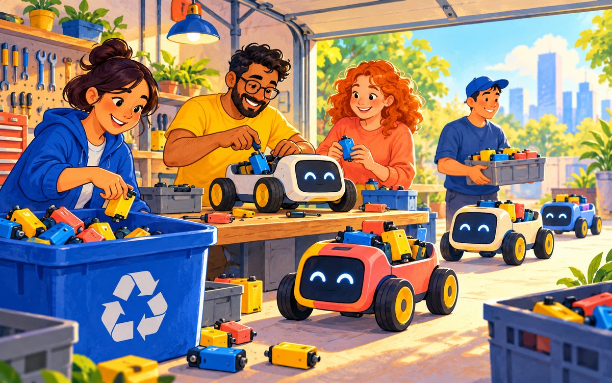 Uma equipe numa garagem ensolarada reaproveita pequenas baterias coloridas em carrinhos robóticos, evitando desperdício.