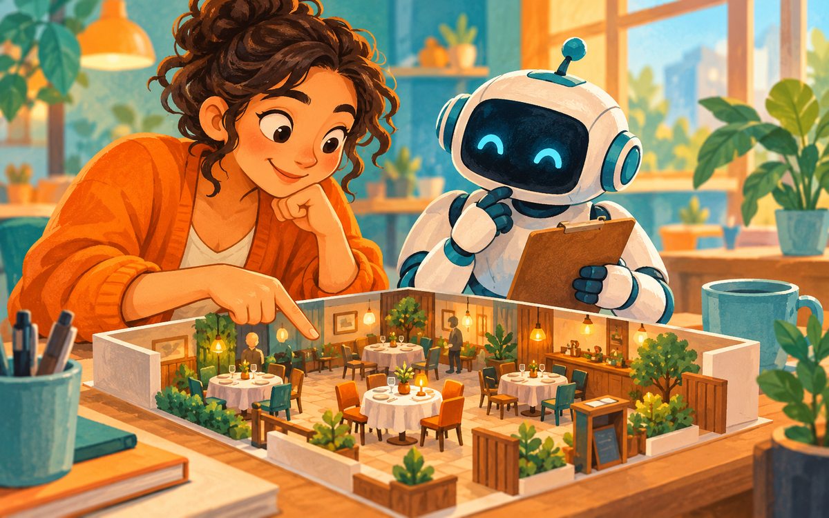 Uma engenheira e um robô examinam uma maquete de restaurante com uma reserva representada por um lugar à mesa.