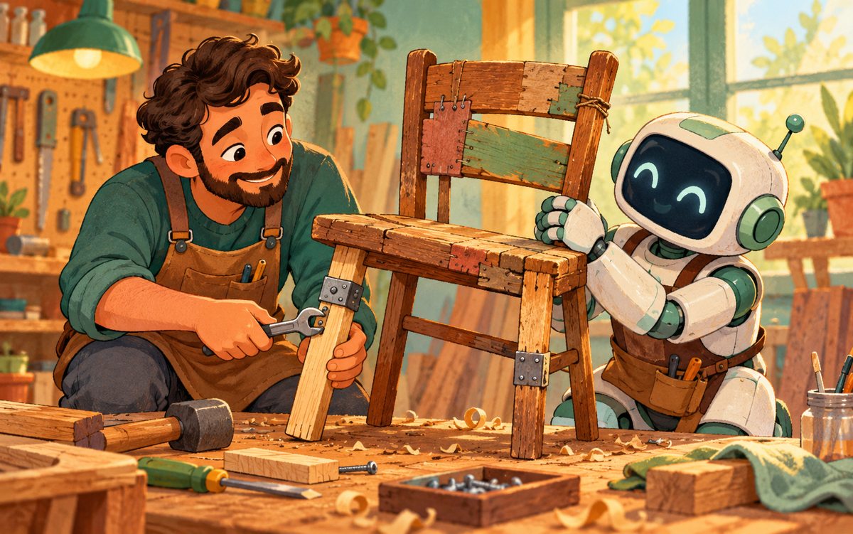 Um engenheiro e um robô observam uma cadeira feita com remendos e consertam juntos uma perna improvisada na marcenaria.