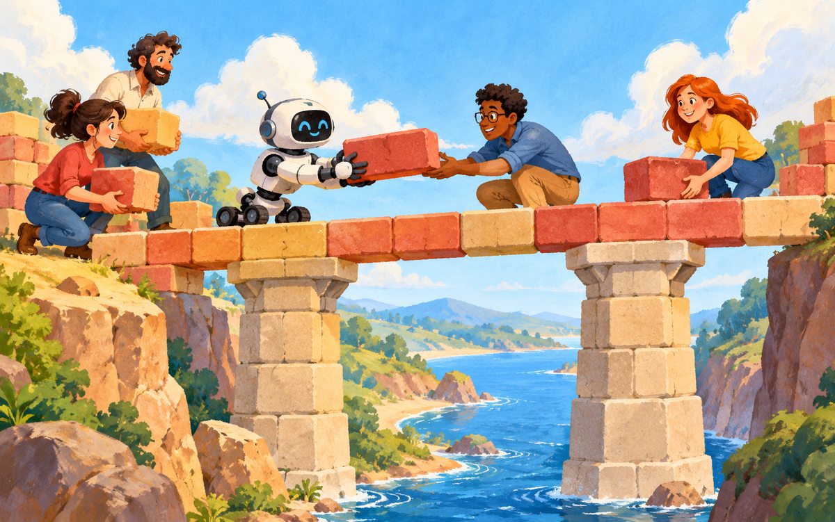 Uma equipe constrói uma ponte de blocos com um robô, apoiando cada novo trecho em pilares sólidos antes de avançar.