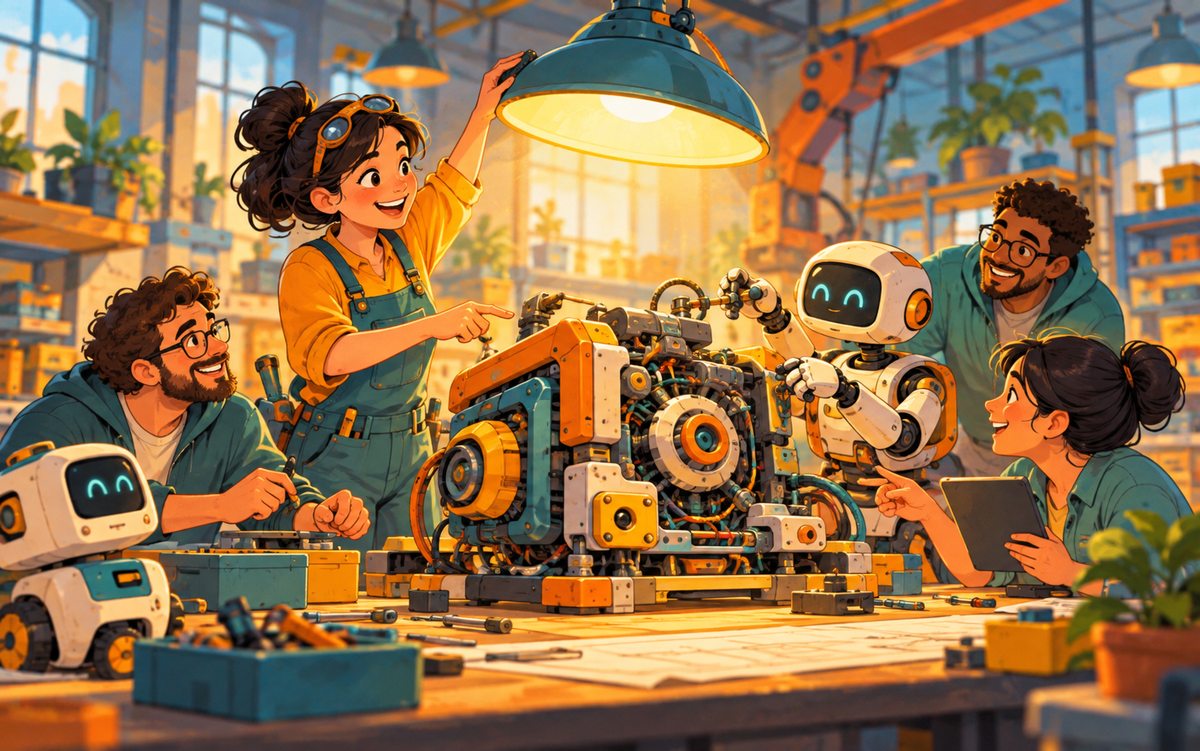 Uma engenheira ilumina uma oficina de robôs com uma grande luminária e orienta a montagem de uma máquina complexa.