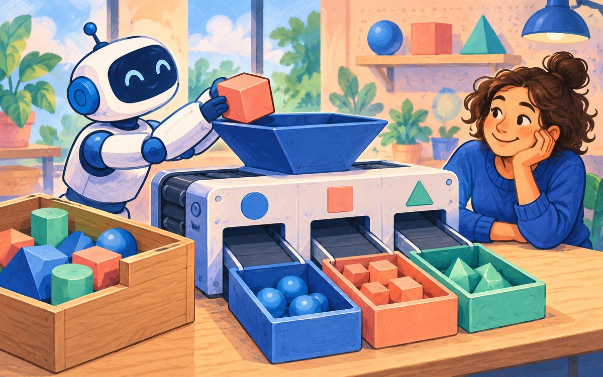 Um robô entrega peças geométricas a um mecanismo de encaixes que as separa de forma previsível numa bancada.