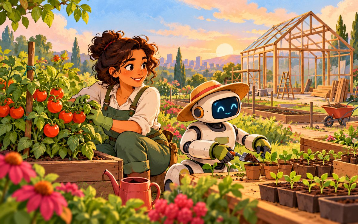 Uma líder cuida de um jardim com uma planta pronta, uma estufa em construção e pequenas mudas para o futuro, auxiliada por um robô jardineiro.