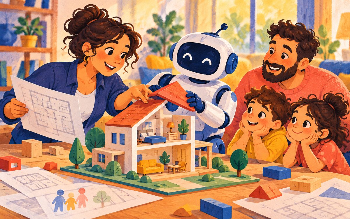Uma arquiteta e um robô montam uma casa de brinquedo a partir das necessidades de uma família, combinando estrutura e uso.