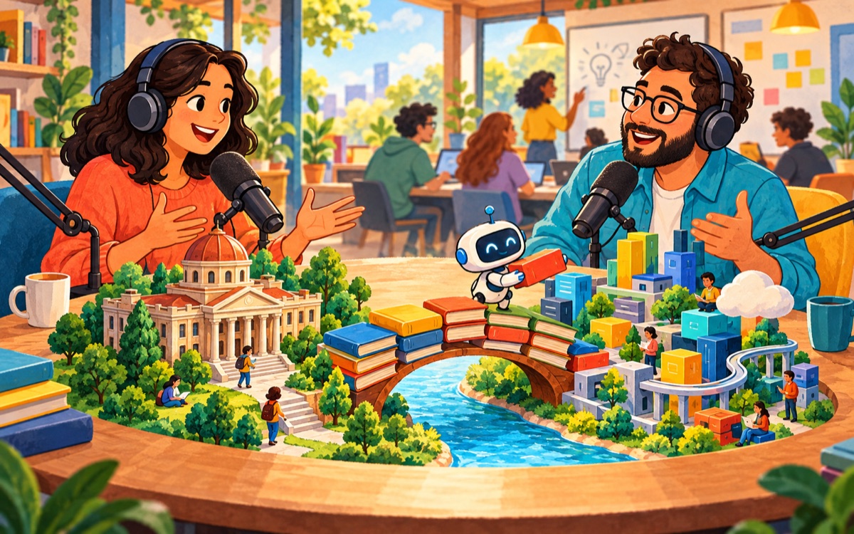 Duas pessoas conversam em um podcast diante de uma ponte de livros entre uma universidade e uma cidade de software, com um pequeno robô ajudante.