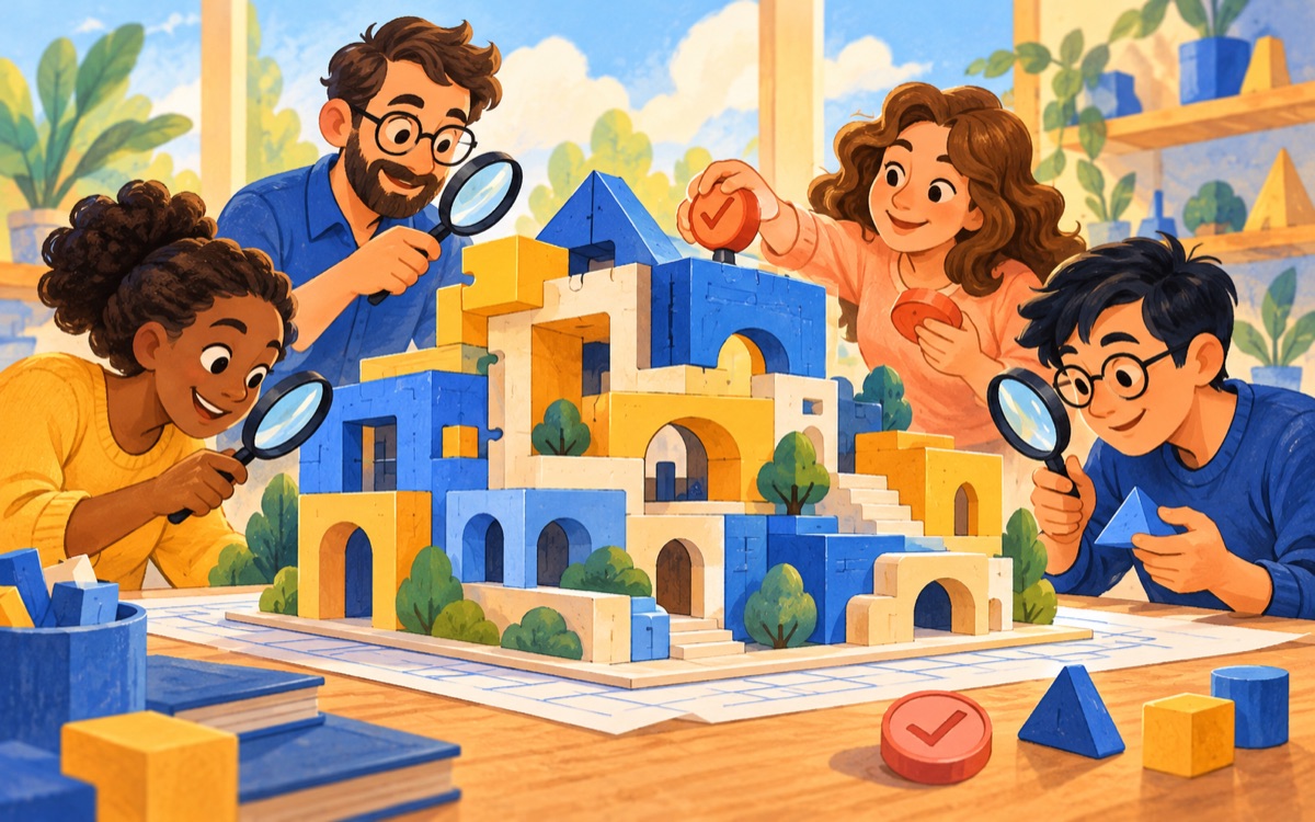 Ilustração cartoon: pesquisadores usam pequenas lupas e selos geométricos para verificar como uma peça de software se conecta à qualidade de uma construção.