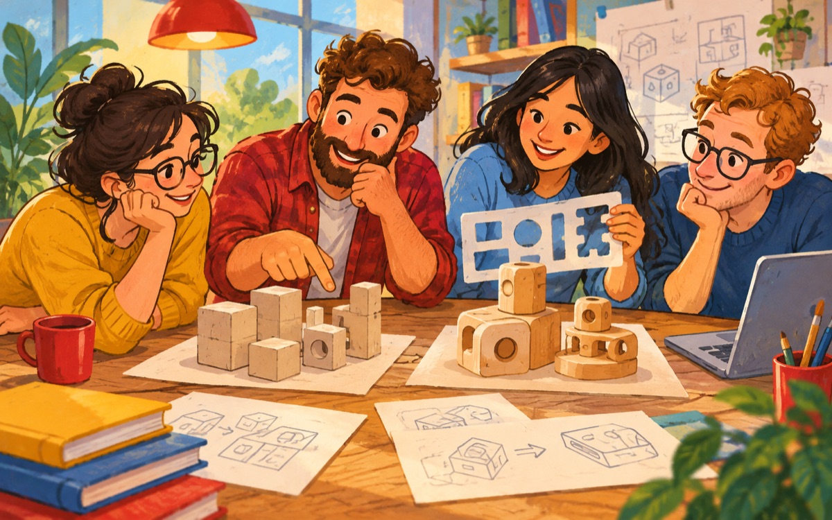 Ilustração cartoon: uma equipe compara maquetes de objetos antes e depois de usar moldes de teste, estudando como o design muda.