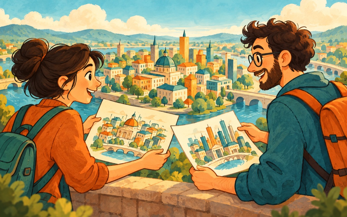 Ilustração cartoon: duas pessoas observam a mesma cidade de objetos de perspectivas diferentes e trocam desenhos para compreender suas decisões de arquitetura.