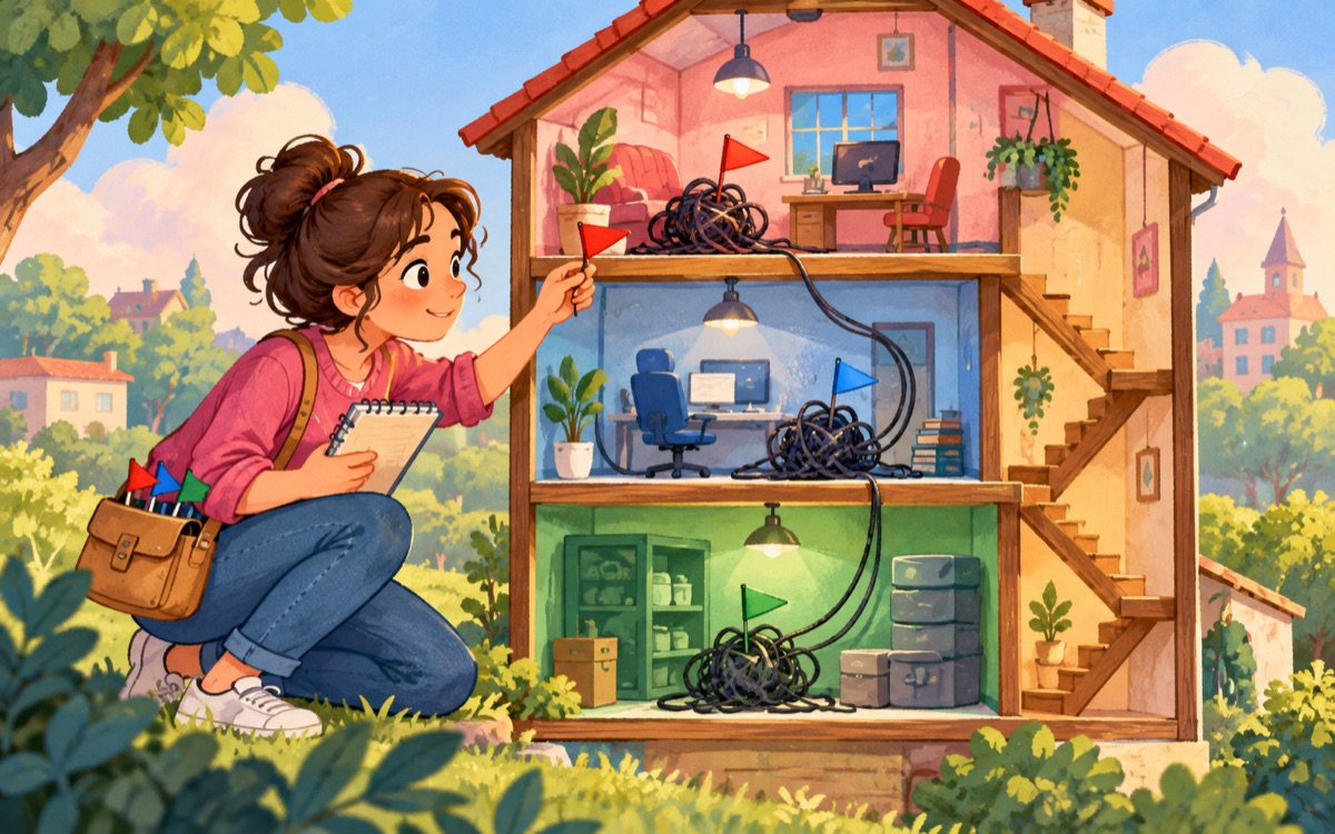 Ilustração cartoon: uma pesquisadora encontra pequenos nós em três andares conectados de uma casa de software e os marca com bandeirinhas geométricas.