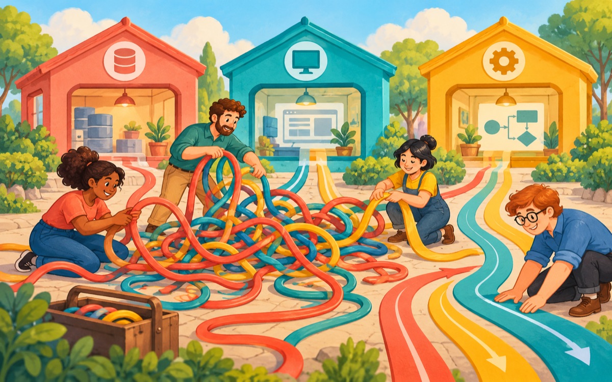 Ilustração cartoon: uma equipe desembaraça fitas entre três pavilhões coloridos de um sistema e melhora os caminhos para manutenção.