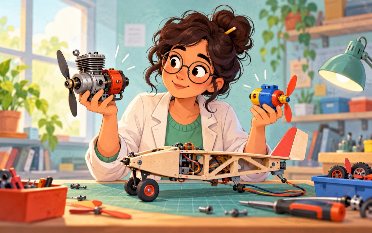 Ilustração cartoon: uma pesquisadora compara usar um pequeno motor real ou um substituto de brinquedo ao testar uma construção numa bancada.
