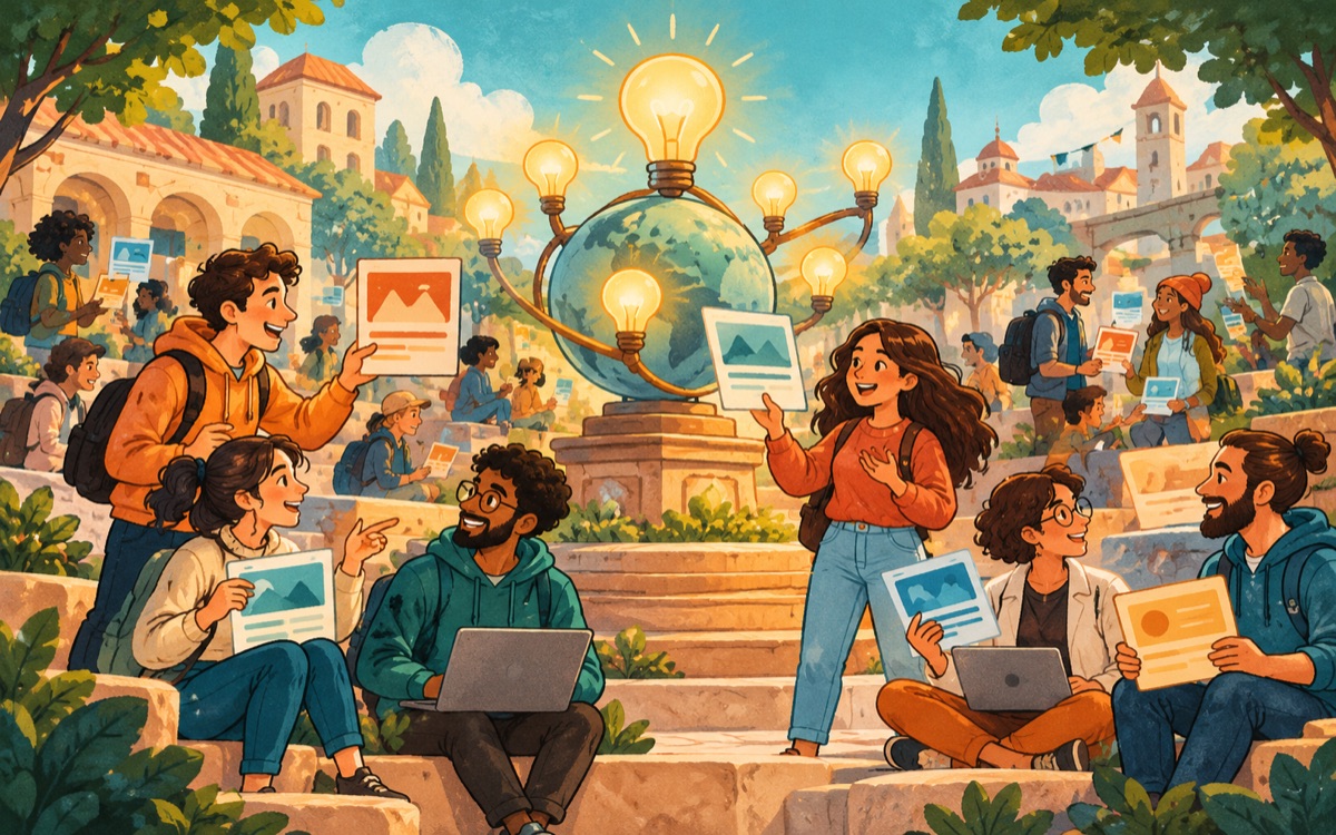 Ilustração cartoon: pessoas compartilham notícias simbolizadas por cartões coloridos e lâmpadas em uma praça comunitária de desenvolvedores.