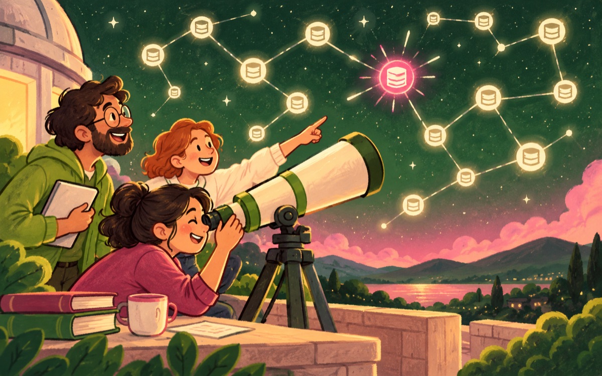 Ilustração cartoon: pesquisadores observam uma constelação de repositórios e encontram uma estrela colorida diferente das outras com um telescópio alegre.