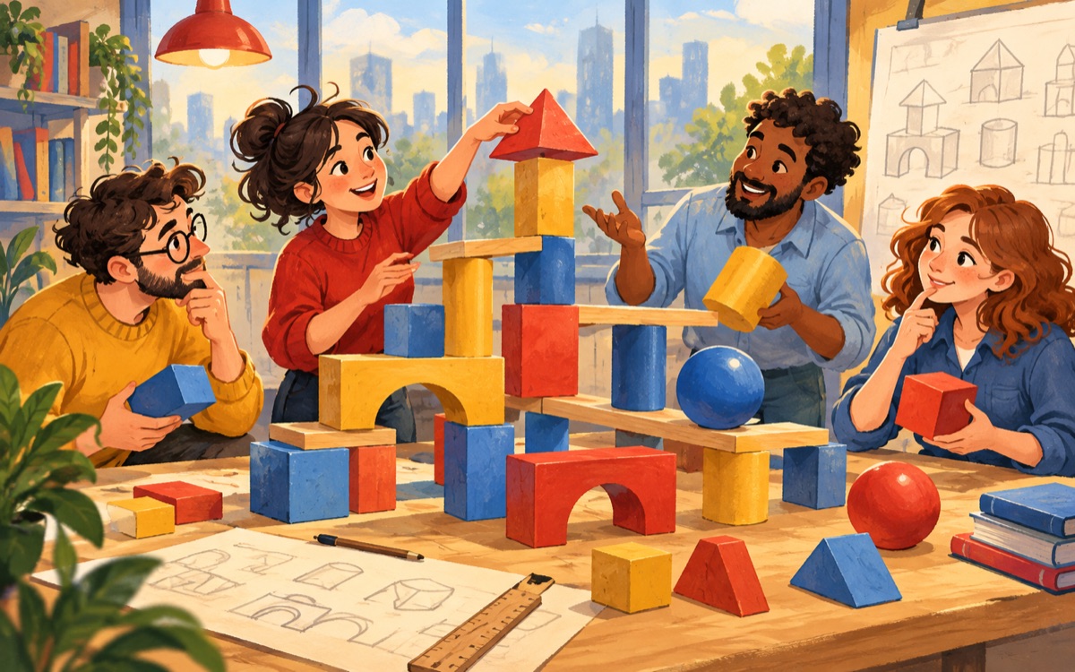 Ilustração cartoon: engenheiros equilibram objetos de formas diferentes numa construção realista de brinquedo, discutindo encaixes e limitações do design.