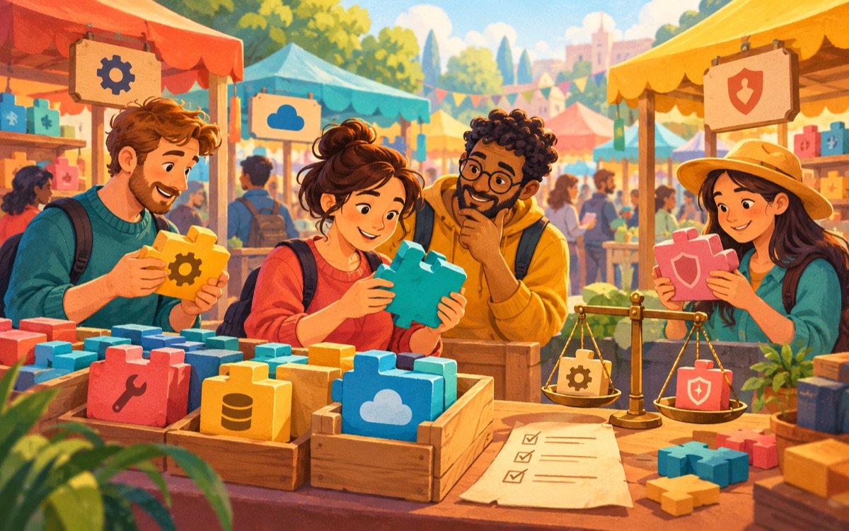 Ilustração cartoon: desenvolvedores escolhem peças de bibliotecas em uma feira de ferramentas, comparando encaixe, manutenção e confiança.