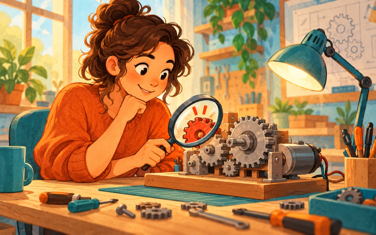 Ilustração cartoon: uma desenvolvedora detecta uma engrenagem lenta numa maquete antes de ligá-la, usando um instrumento de análise em sua bancada.