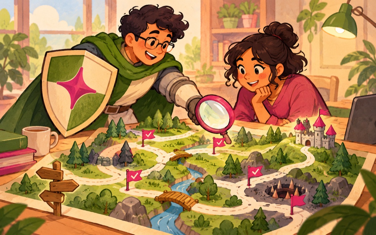 Ilustração cartoon: uma pessoa pesquisadora com um escudo lúdico e uma lupa orienta uma desenvolvedora a explorar novos caminhos de teste numa maquete.