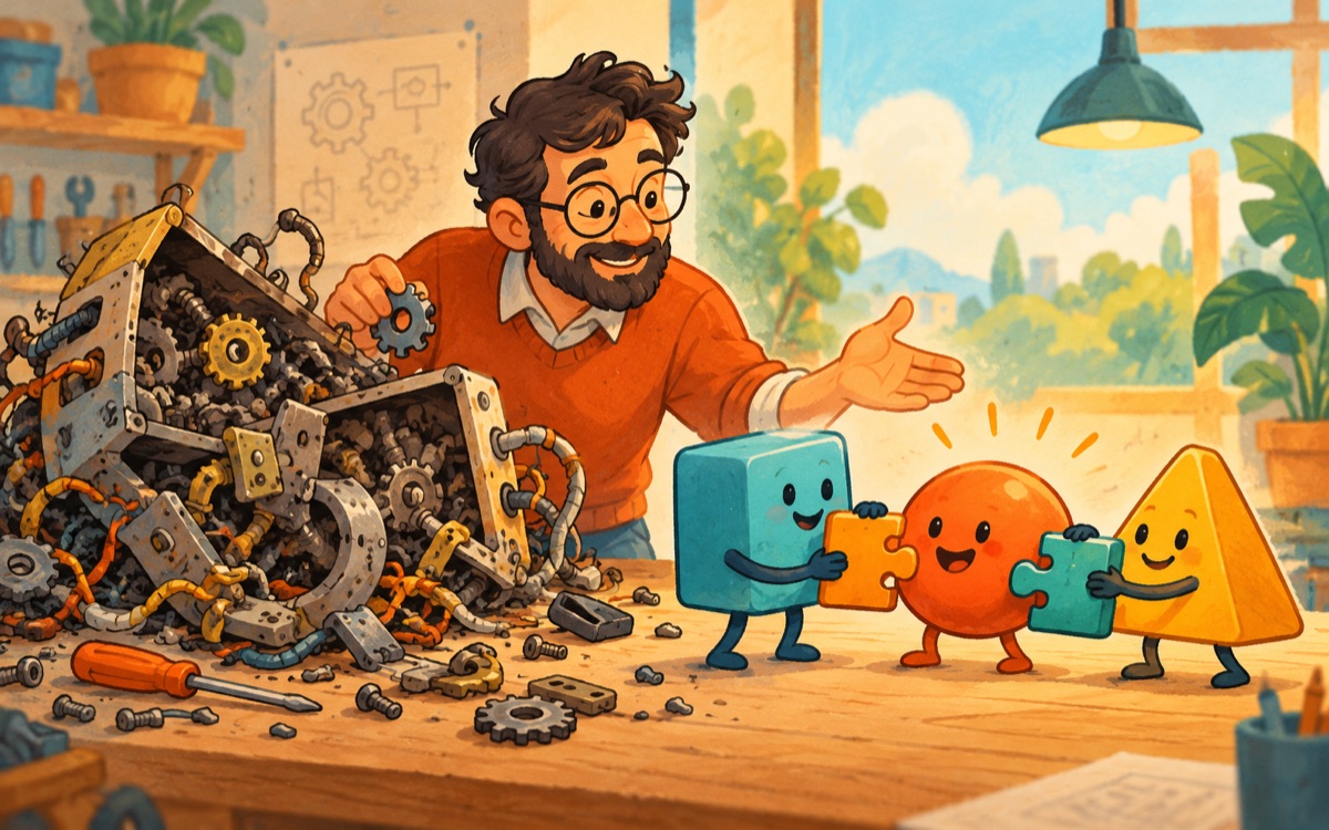 Ilustração cartoon: um professor desmonta um mecanismo complicado e o reconstrói como três objetos coloridos simples que colaboram.